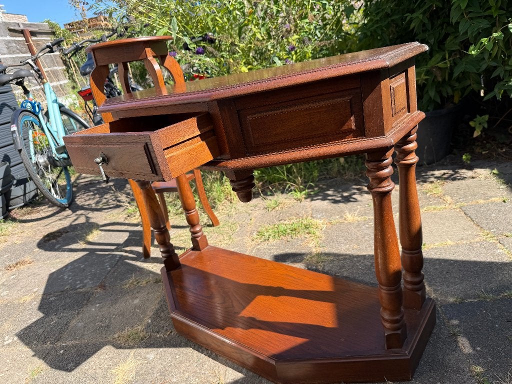 Antieke houten haltafel met lade en plantenstandaard, Ophalen