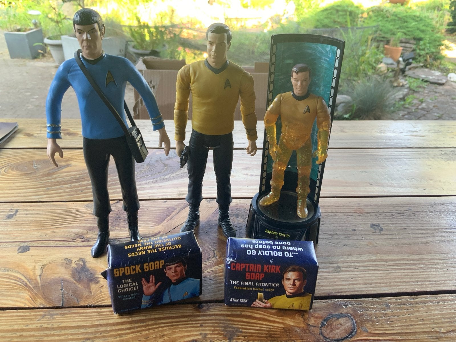 Star Trek actiefiguren: Spock, Kirk, Kirk met transporter, Ophalen of Verzenden, Gebruikt