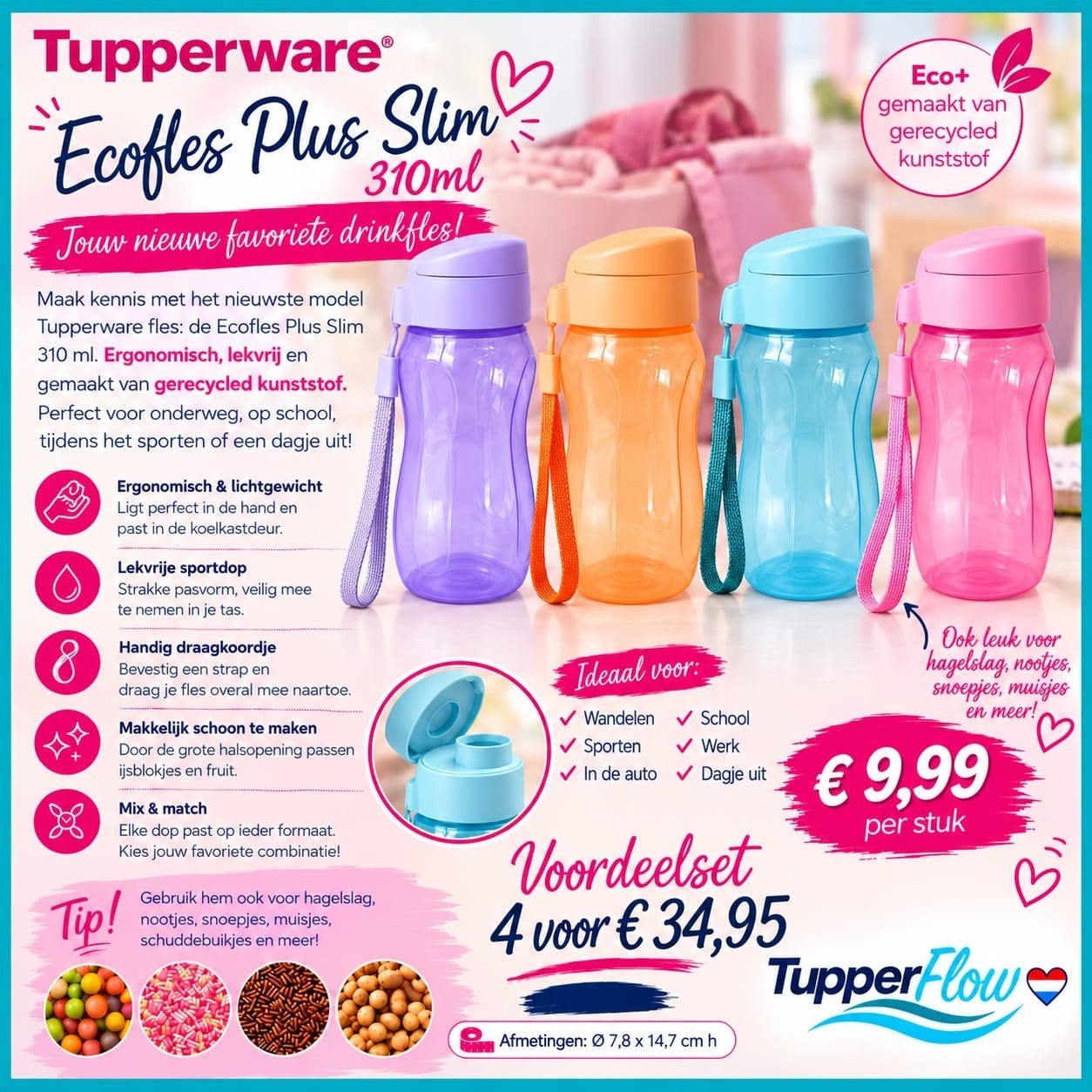 TUPPERWARE ECO SLIM flesje 310 ml met Sportdop en Draagkoord, Ophalen of Verzenden, Nieuw