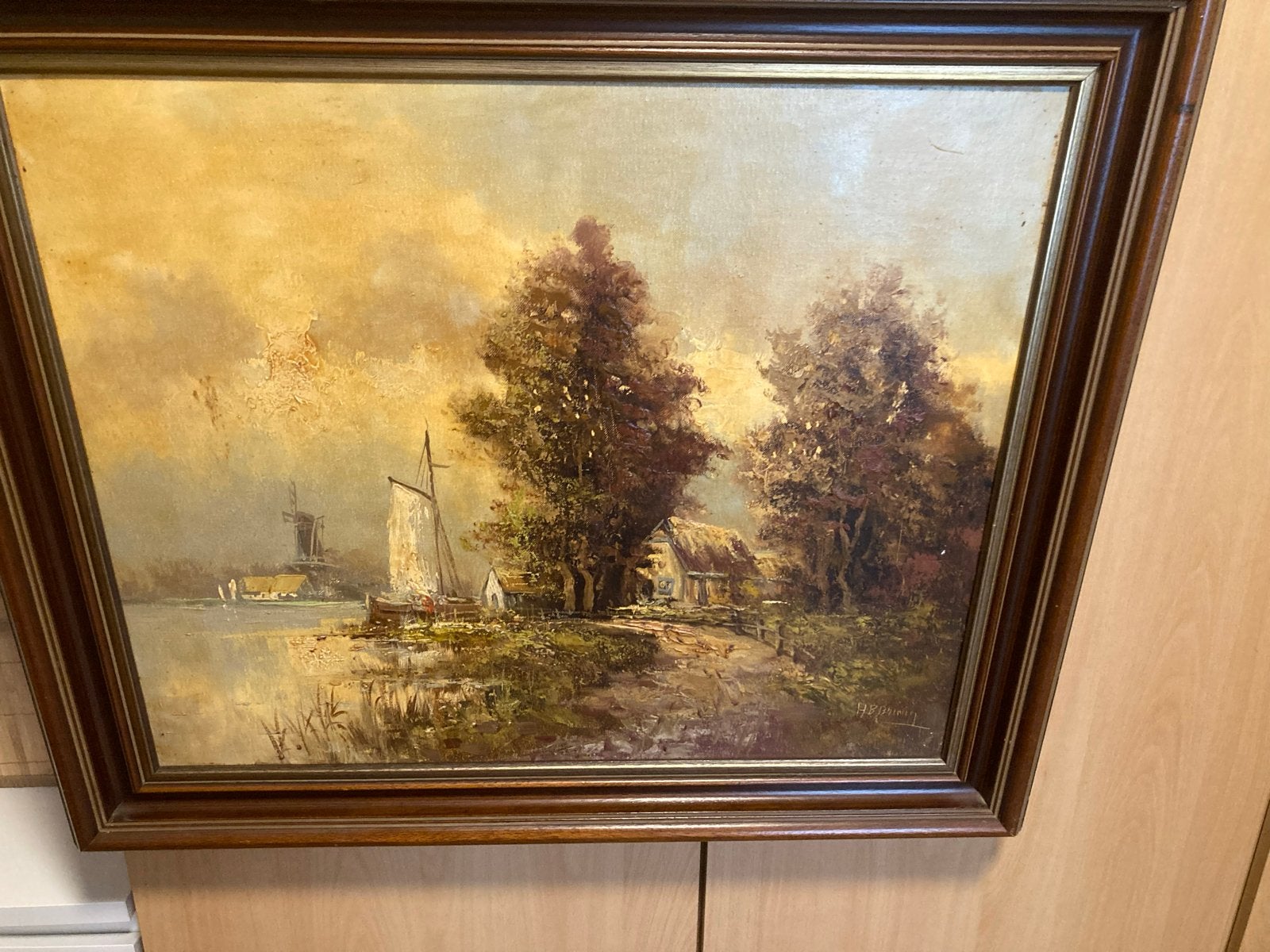 Klassiek Hollands Landschap met Molen en Zeilboot, Antiek en Kunst, Ophalen, Doek, Gesigneerd, Landschap