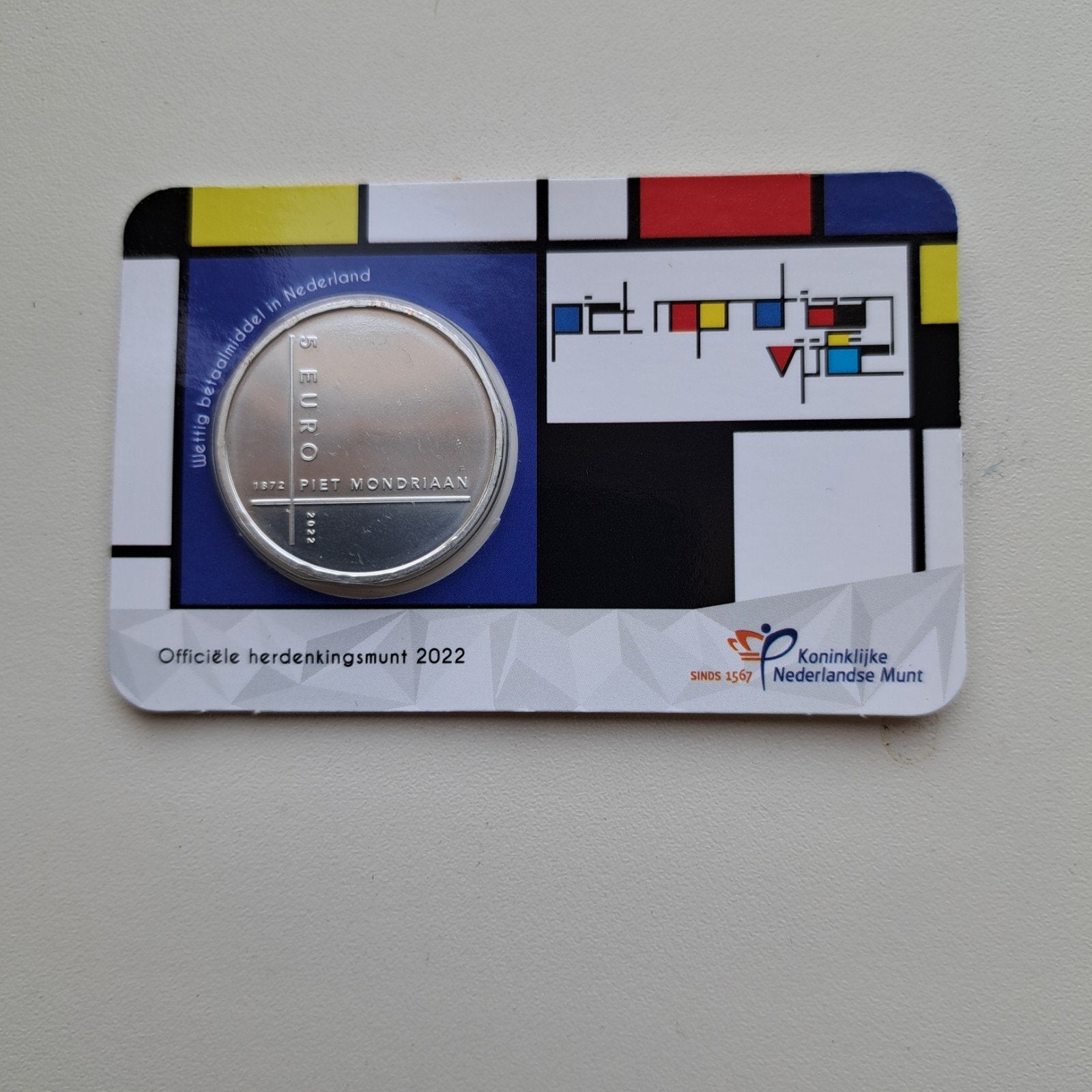 Piet Mondriaan Vijfje 5 Euro Herdenkingsmunt in Coincard, Ophalen of Verzenden, Euro's, Losse munt
