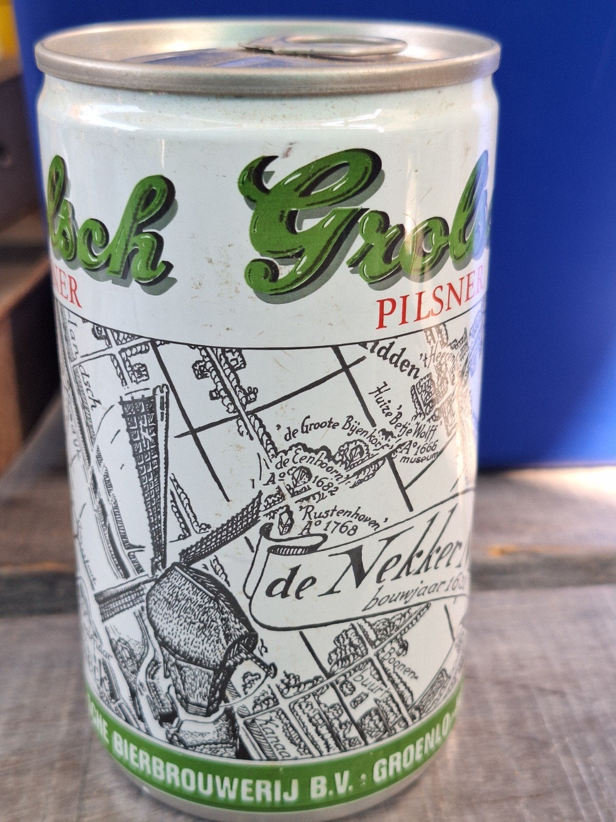 Vintage Grolsch Pilsner Bierblik met Kaartdesign jaren 80, Ophalen, Zo goed als nieuw, Flesje(s), Grolsch