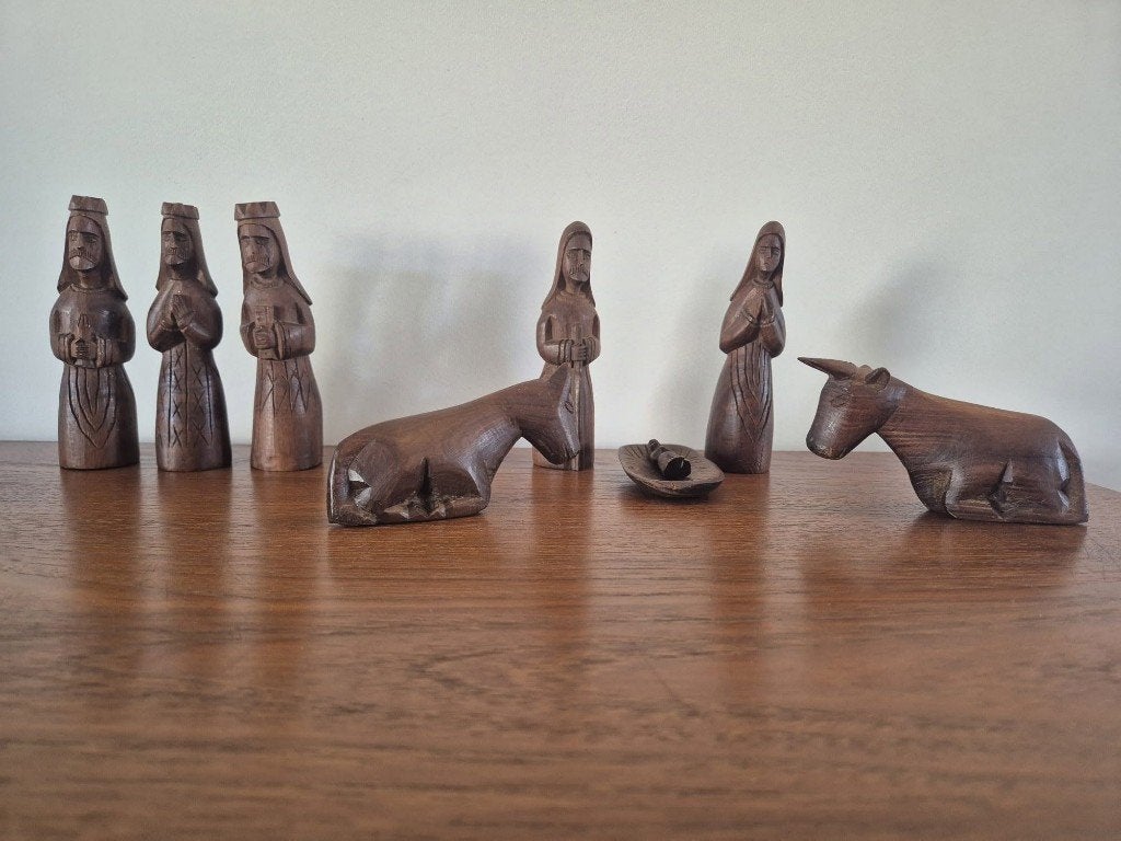 Handgemaakte kerststal – 8-delig, massief hout, Ophalen of Verzenden, Zo goed als nieuw