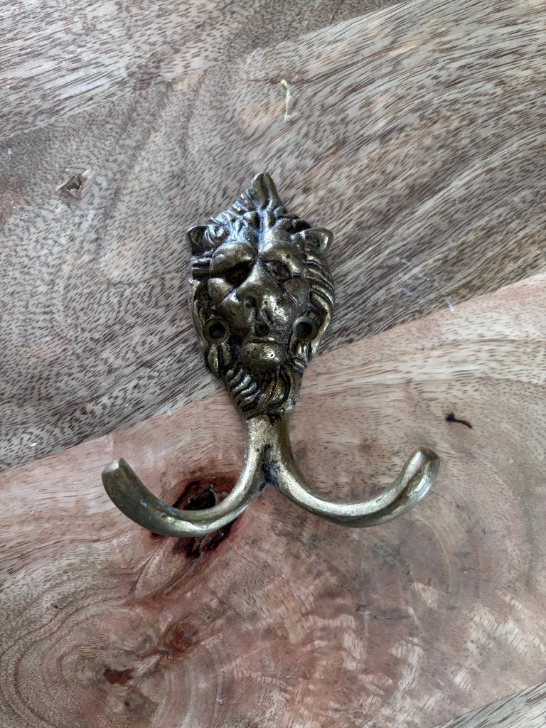 Antieke/vintage messing dubbele kapstokhaak met leeuwenkop, Ophalen of Verzenden, Gebruikt, Wandkapstok, Minder dan 100 cm