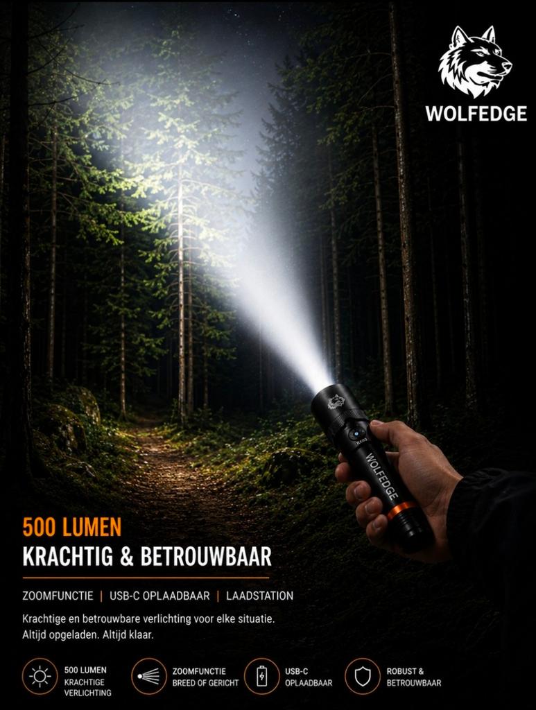 Wolf Edge RX02 Zaklamp 500 Lumen met Laadstation, Ophalen of Verzenden, Nieuw, Accu