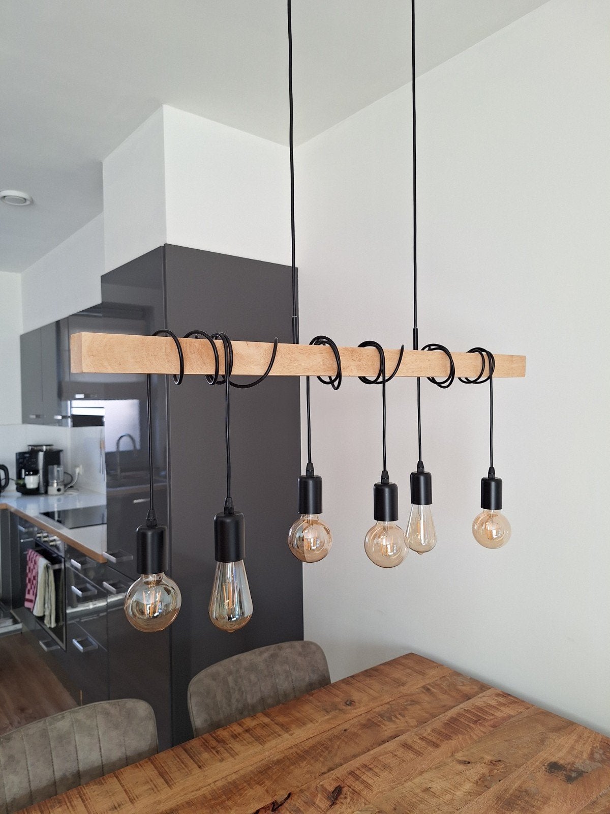 Eglo hanglamp - Houten balk met 6 verstelbare fittingen, Ophalen, E27 (groot), Zo goed als nieuw, Industrieel, Modern, Landelijk