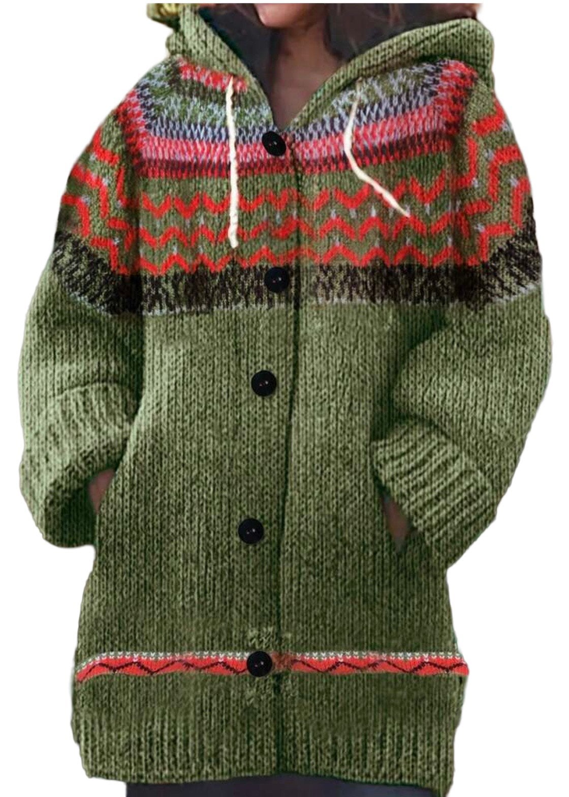 Gebreid vest met capuchon en Noorse print (46-54, Verzenden, Nieuw, Groen, Trui of Vest