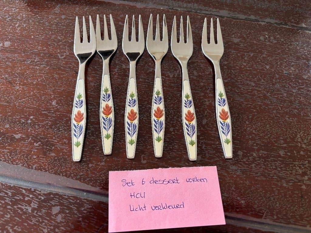 Boerenbont set 6 dessertvorken oude bestek Boerenbond, Huis en Inrichting, Overige materialen, Gebruikt, Gebaksvork, Los bestek