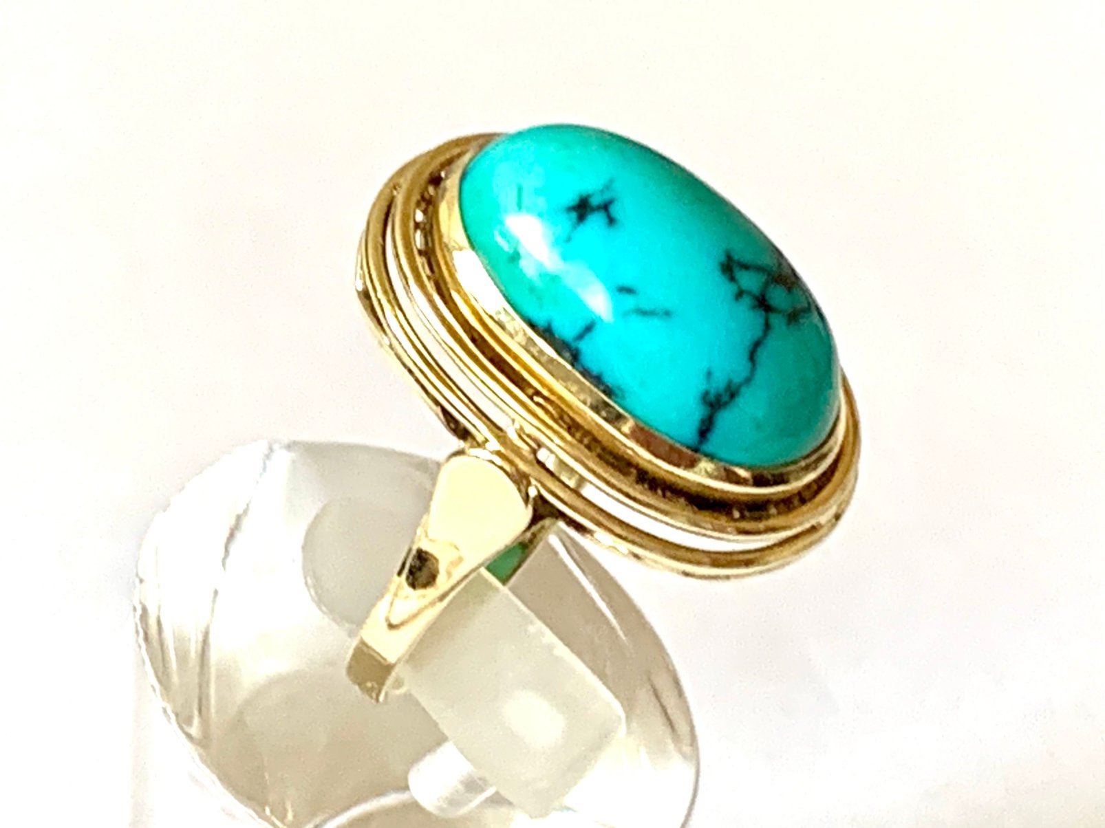 Grote 14 karaat gouden ring met turkoois, vintage., 18 tot 19, Ophalen of Verzenden, Zo goed als nieuw, Dame