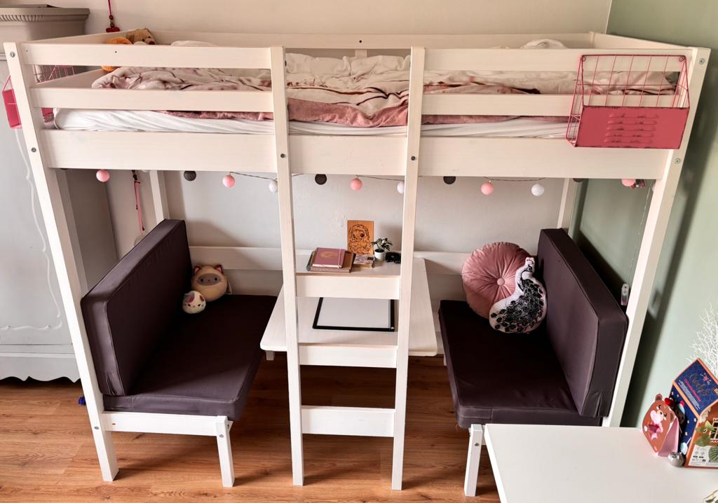 Witte hoogslaper met zitje, mulifunctioneel bed, stapelbed, Kinderen en Baby's, Kinderkamer | Stapelbedden en Hoogslapers, Ophalen