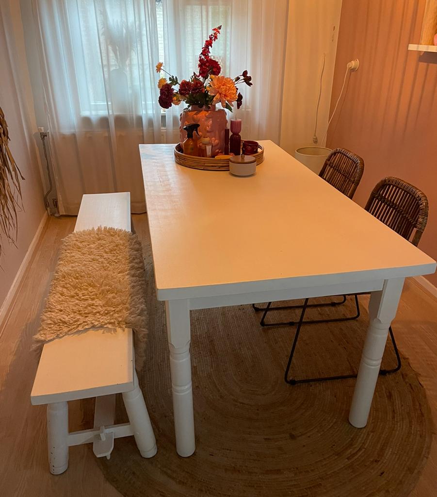 Eettafel met bankje en stoelen, Huis en Inrichting, Tafels | Eettafels, Ophalen of Verzenden, Gebruikt, Rechthoekig, 50 tot 100 cm