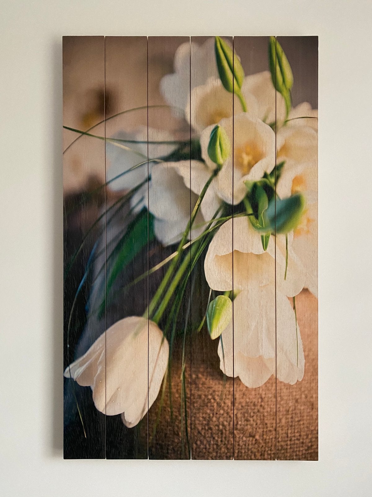 Houtenpaneel met print tulpen op jute zak, Ophalen