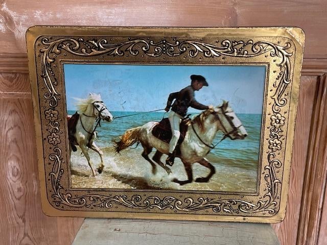 Groot vintage blik Belgie. Spaanse ruiter paarden / schimmel, Verzamelen, Blikken, Ophalen, Gebruikt, Overige