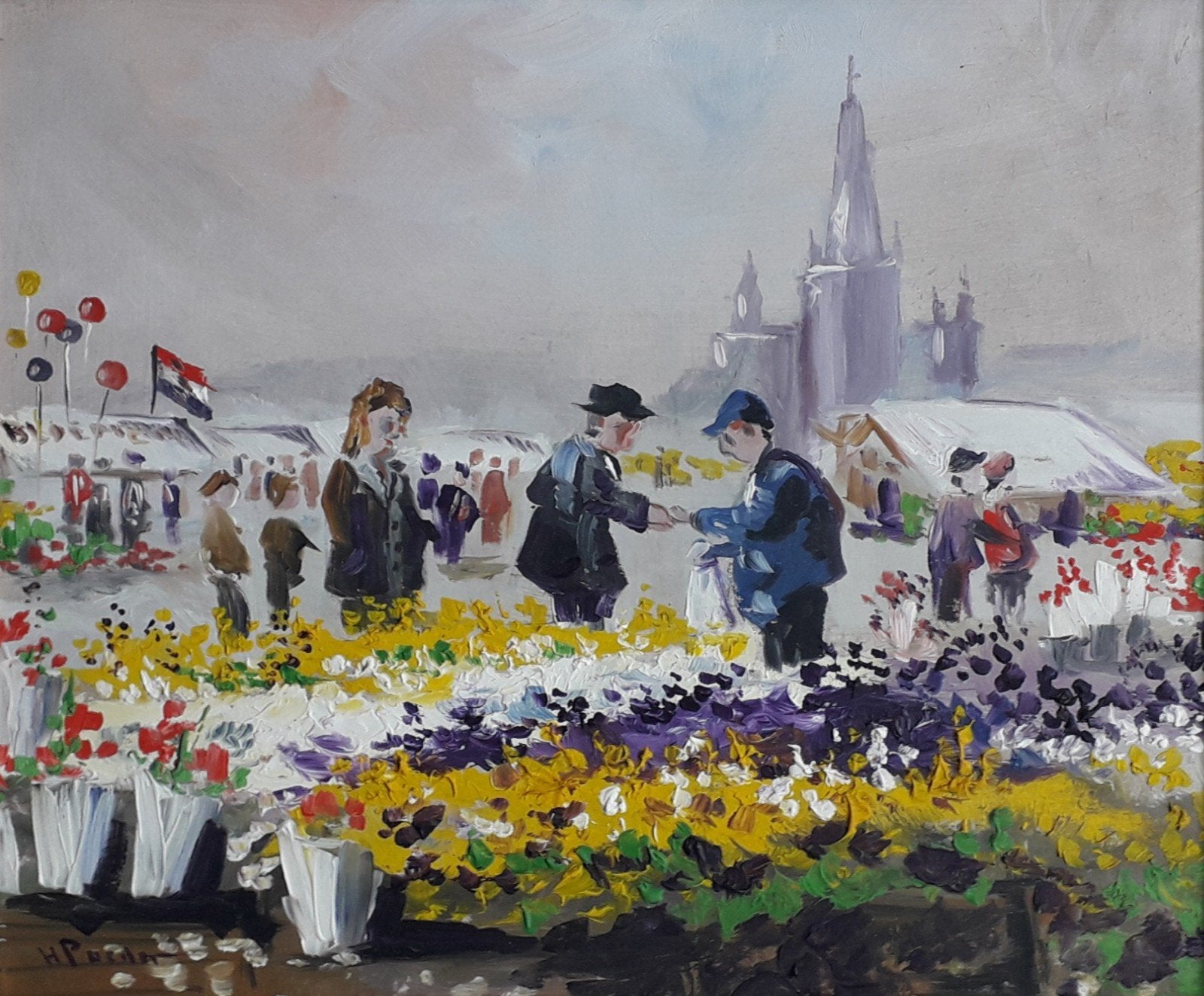 💐 MARKT MET LEUKE FIGUREN + BLOEMEN 💐 HENK POEDER (1964), Antiek en Kunst, Bloemen, Paneel, Impressionistisch, Ophalen of Verzenden