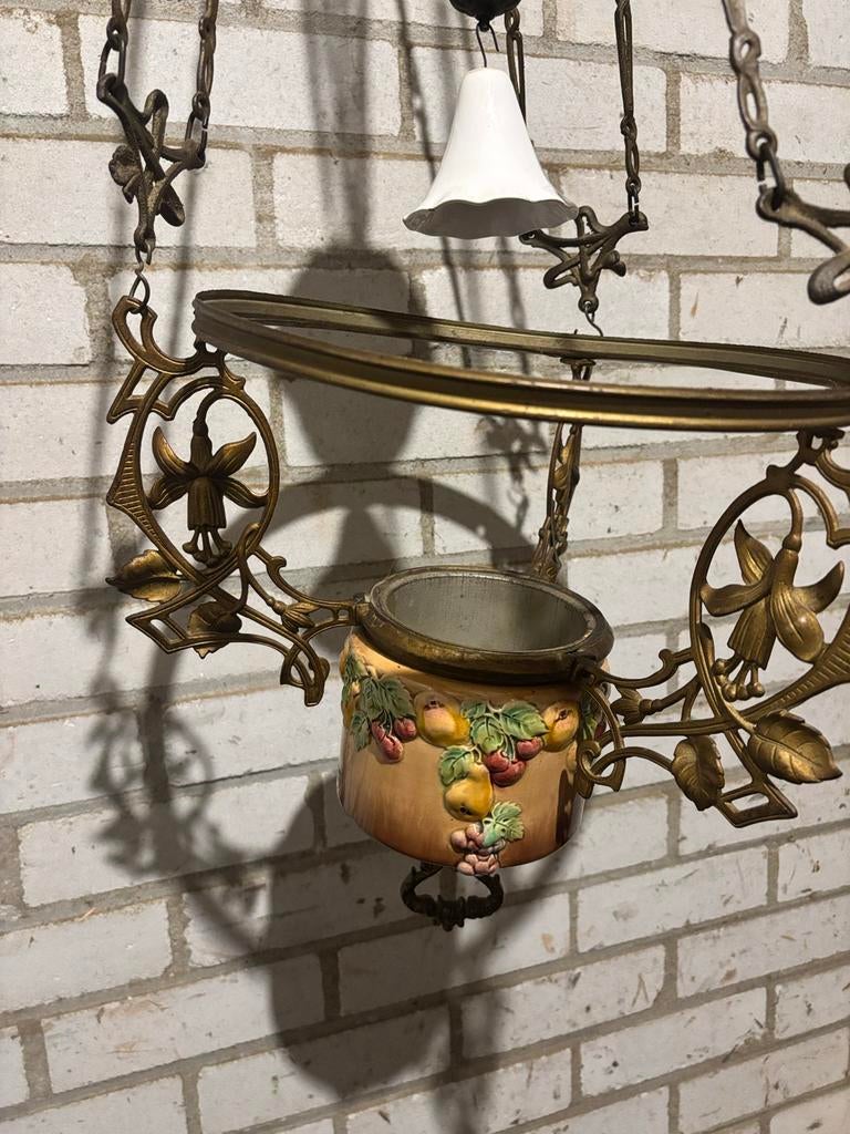 Antieke hangende olielamp – werkend, Antiek en Kunst, Ophalen of Verzenden