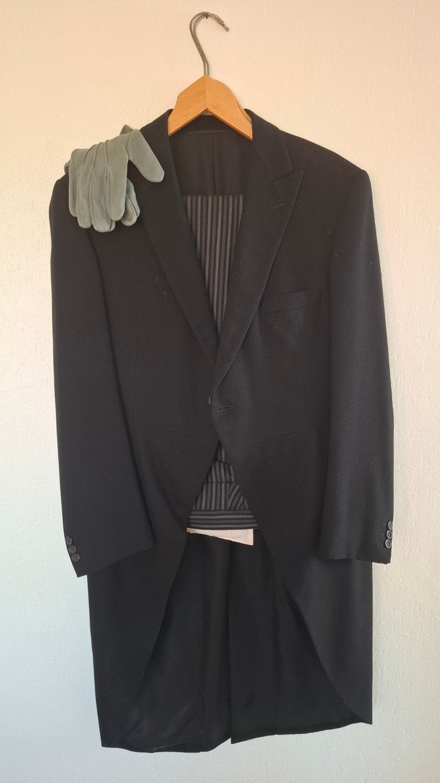 Jacquet met gestreepte pantalon en handschoenen, Kleding | Heren, Maat 52/54 (L), Gegarandeerd Motecht, Zwart, Ophalen of Verzenden