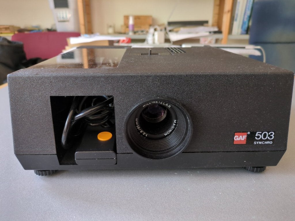 GAF Diaprojector in originele doos, Ophalen of Verzenden, Gebruikt, Met scherm