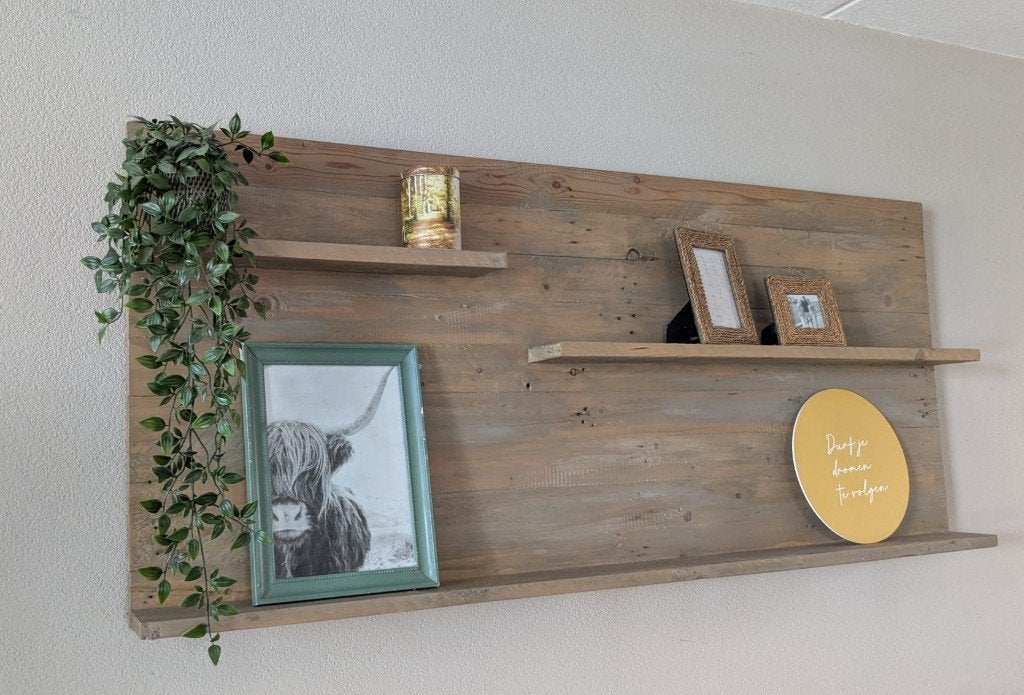 Landelijk houten wandrek met 3 planken – 150 cm, Ophalen, Gebruikt