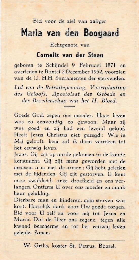 Boogaard Maria 1871 Schijndel 1952 Boxtel, Ophalen of Verzenden, Bidprentje