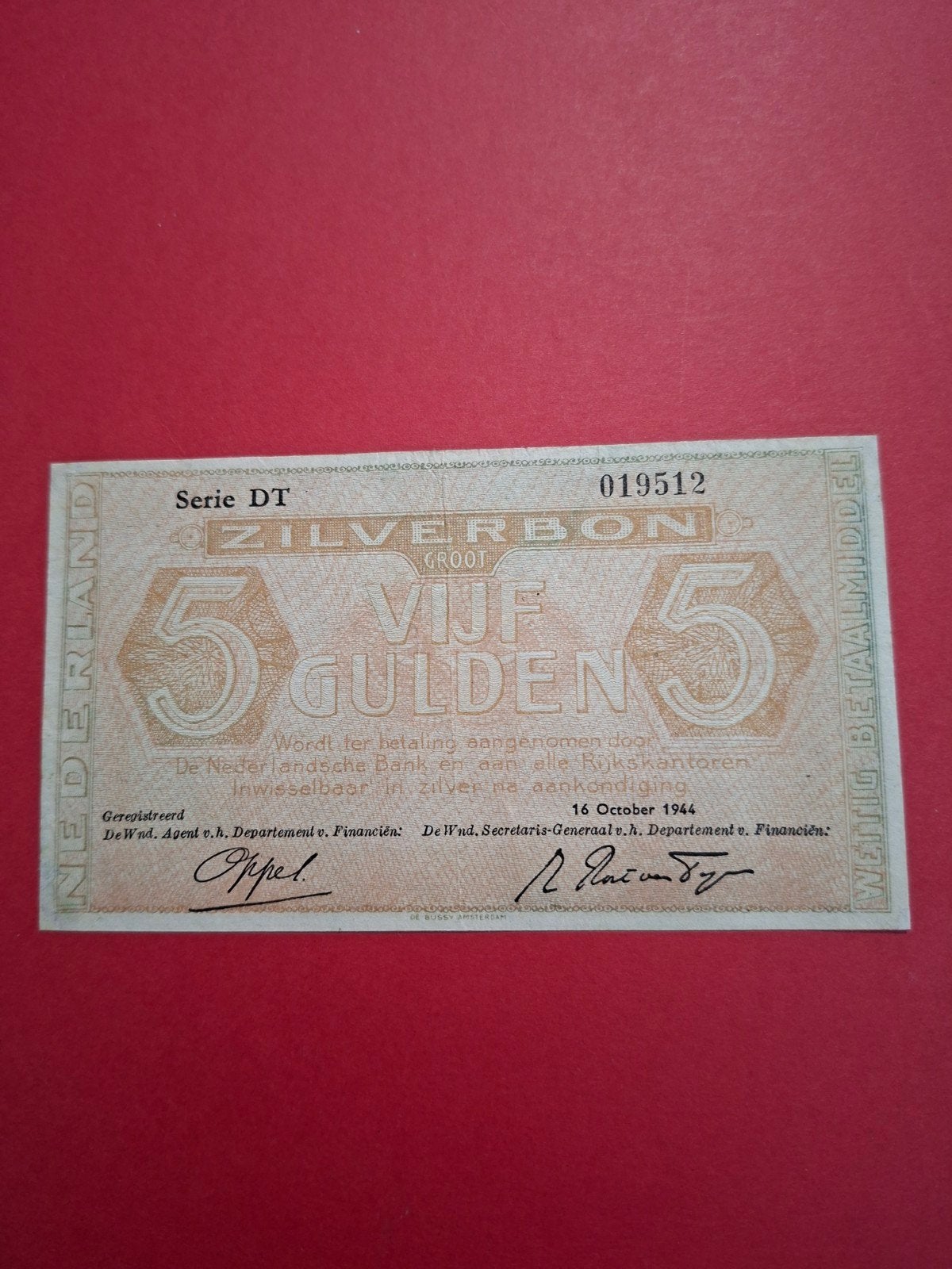 5 gulden Zilverbon MISDRUK uit 1944 in PR-, Ophalen of Verzenden, 5 gulden, Los biljet