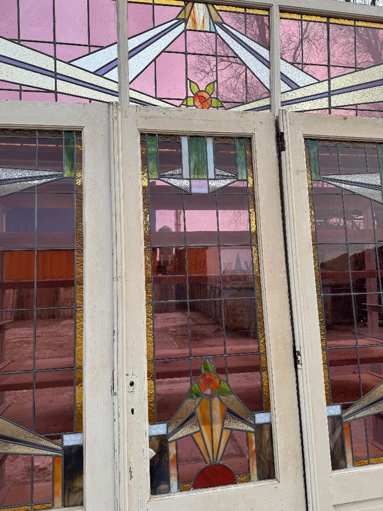 Openslaande deur met zijpanelen en bovenlicht glas in lood., Antiek en Kunst, Curiosa en Brocante, Ophalen