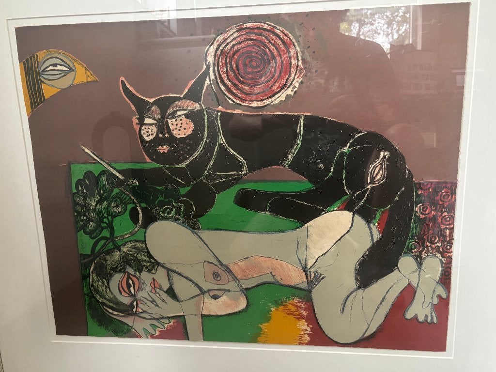 Corneille zeefdruk, La Femme au chat, 1975, Ophalen, Zeefdruk, Ingelijst, Dieren en Natuur