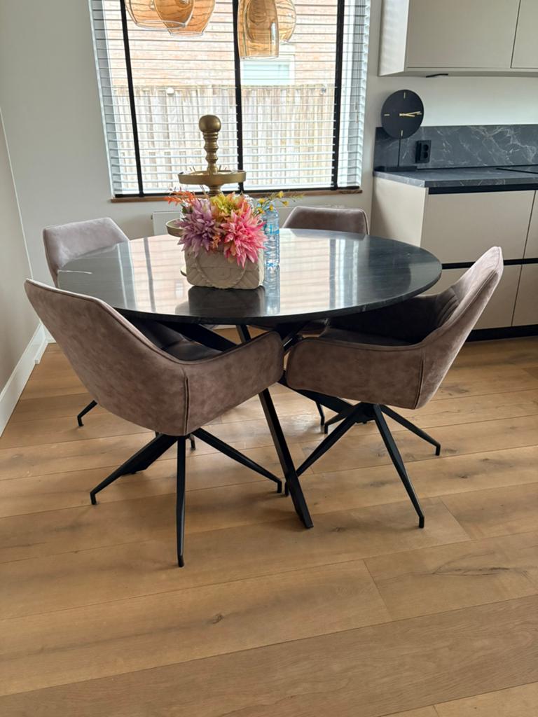 Eethoek marmeren tafel 130cm met 4 draaiende etstoelen, Ophalen, Overige materialen, 100 tot 150 cm, Rond