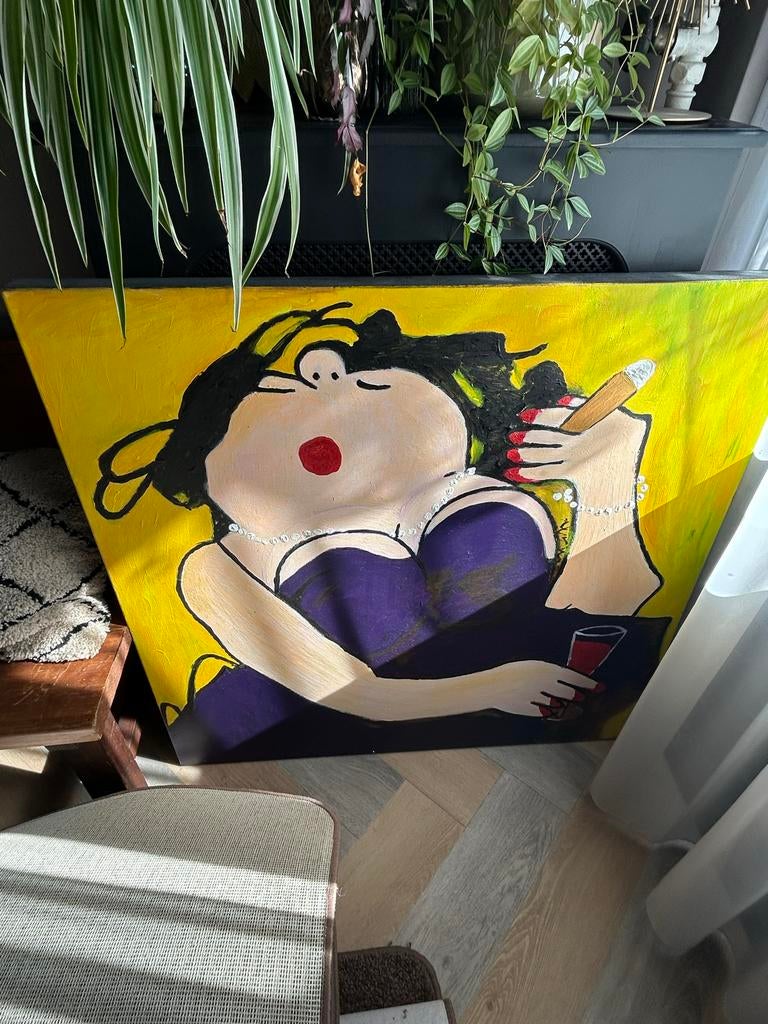 Olieverfschilderij 'Dikke Dame met Sigaar' - 100x100 cm, Ophalen