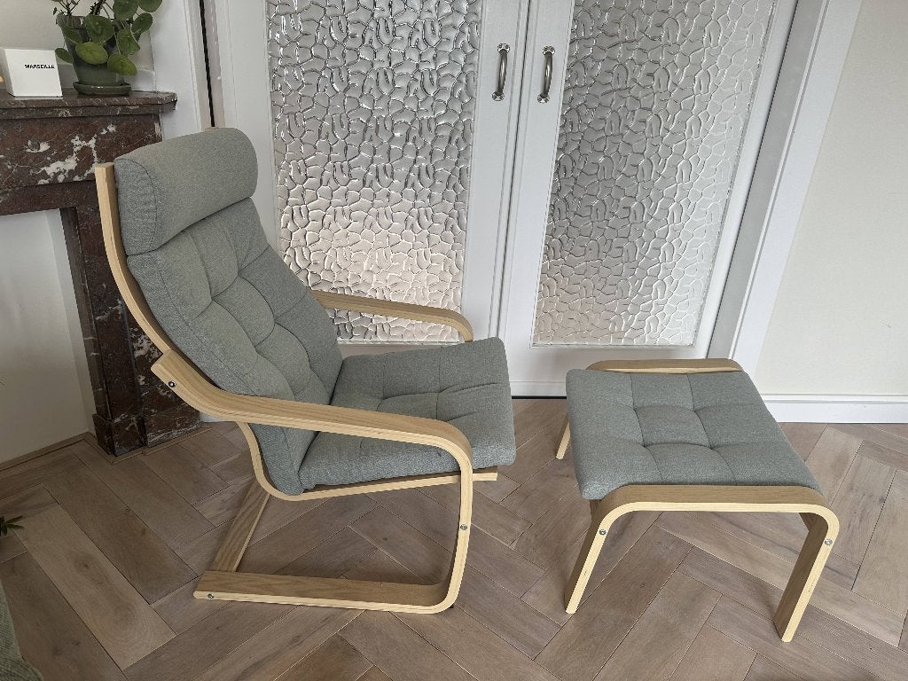 Ikea POÄNG fauteuil & voetenbank lichtgroen, Huis en Inrichting, Fauteuils, Ophalen, Zo goed als nieuw, 75 tot 100 cm, 50 tot 75 cm