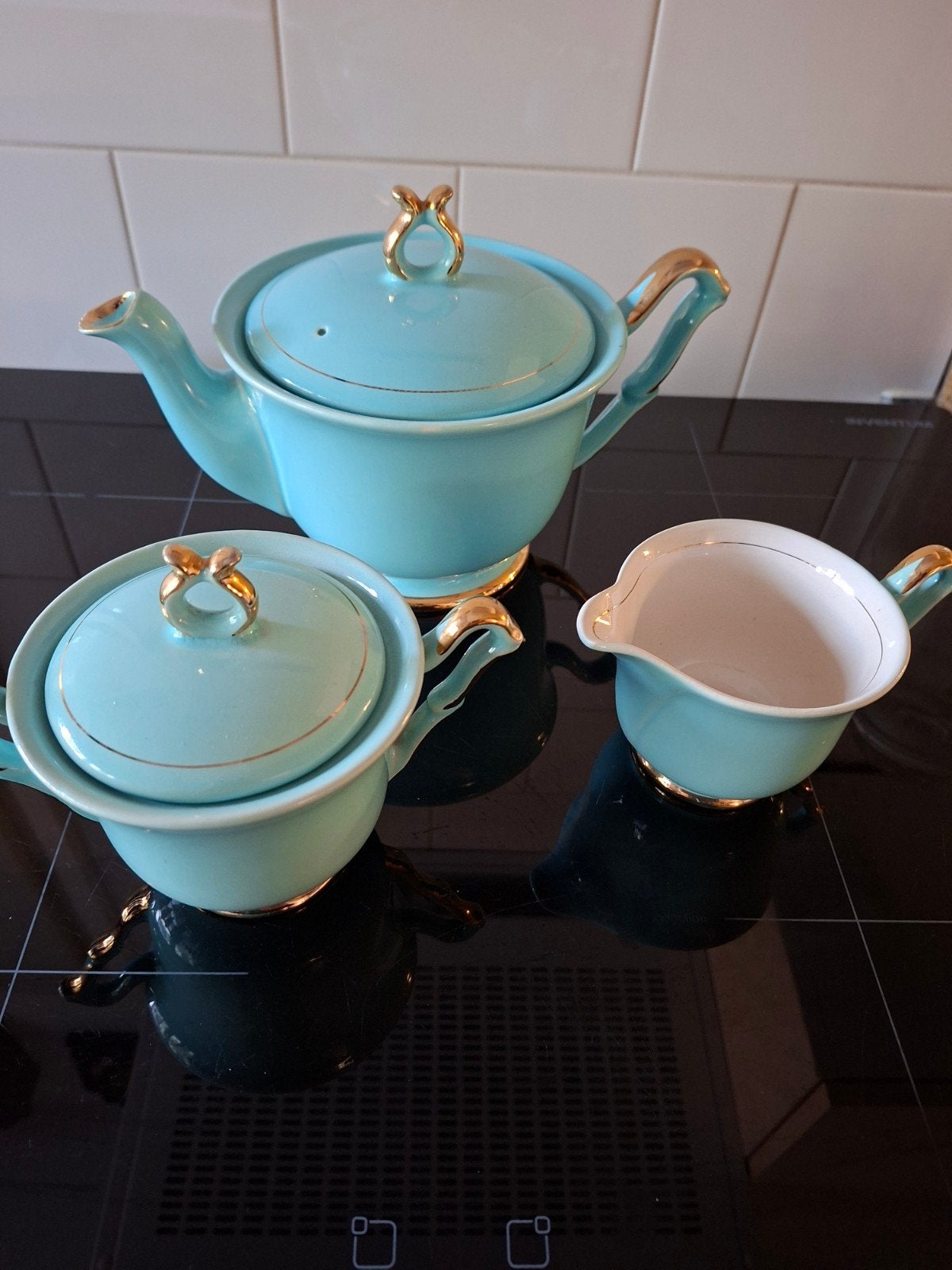 Vintage theeservies - turquoise met gouden accenten, Ophalen