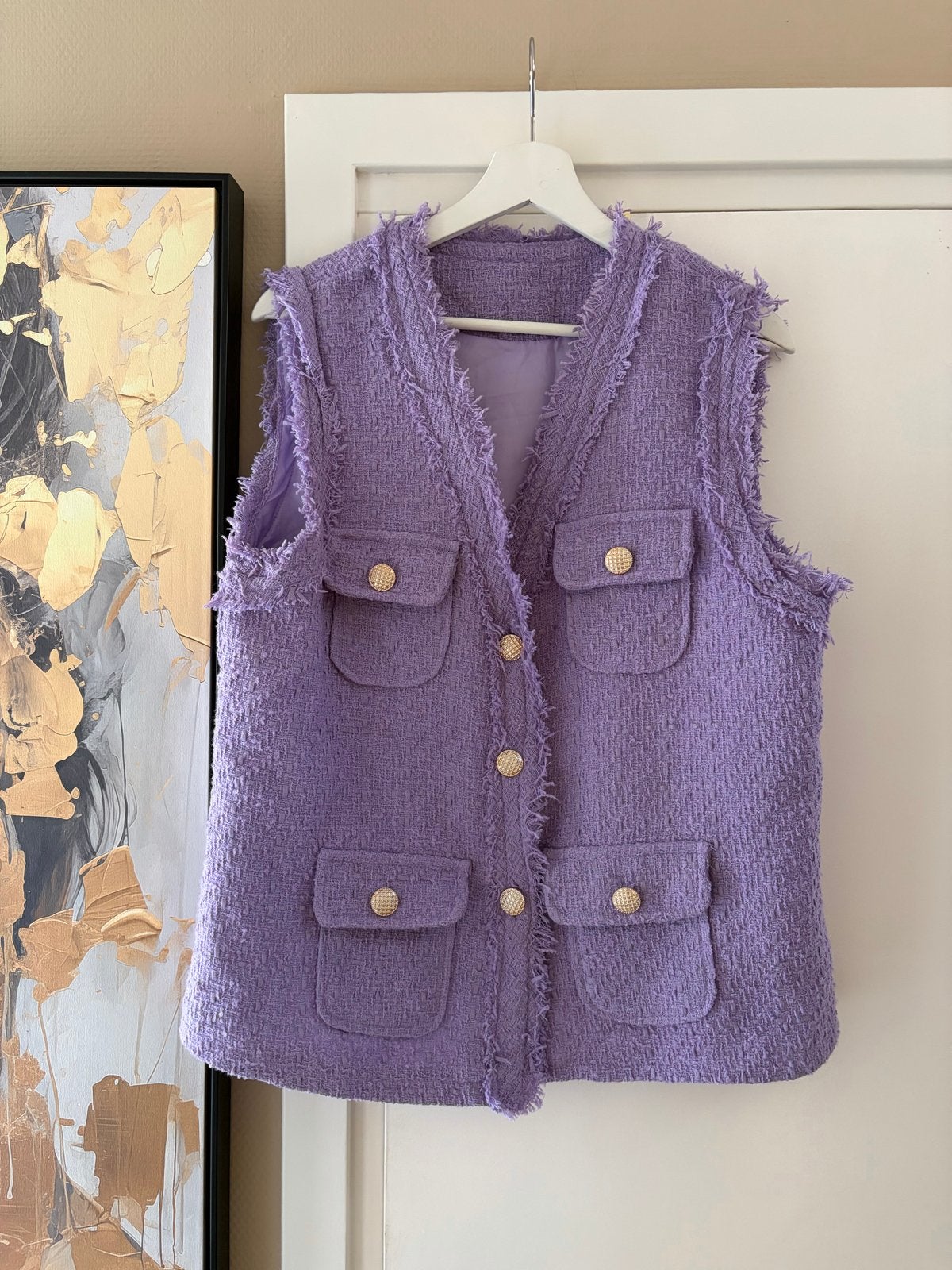 Lila tweed gilet met gouden knopen - Maat L, Ophalen of Verzenden, Zo goed als nieuw, Maat 42/44 (L), Paars