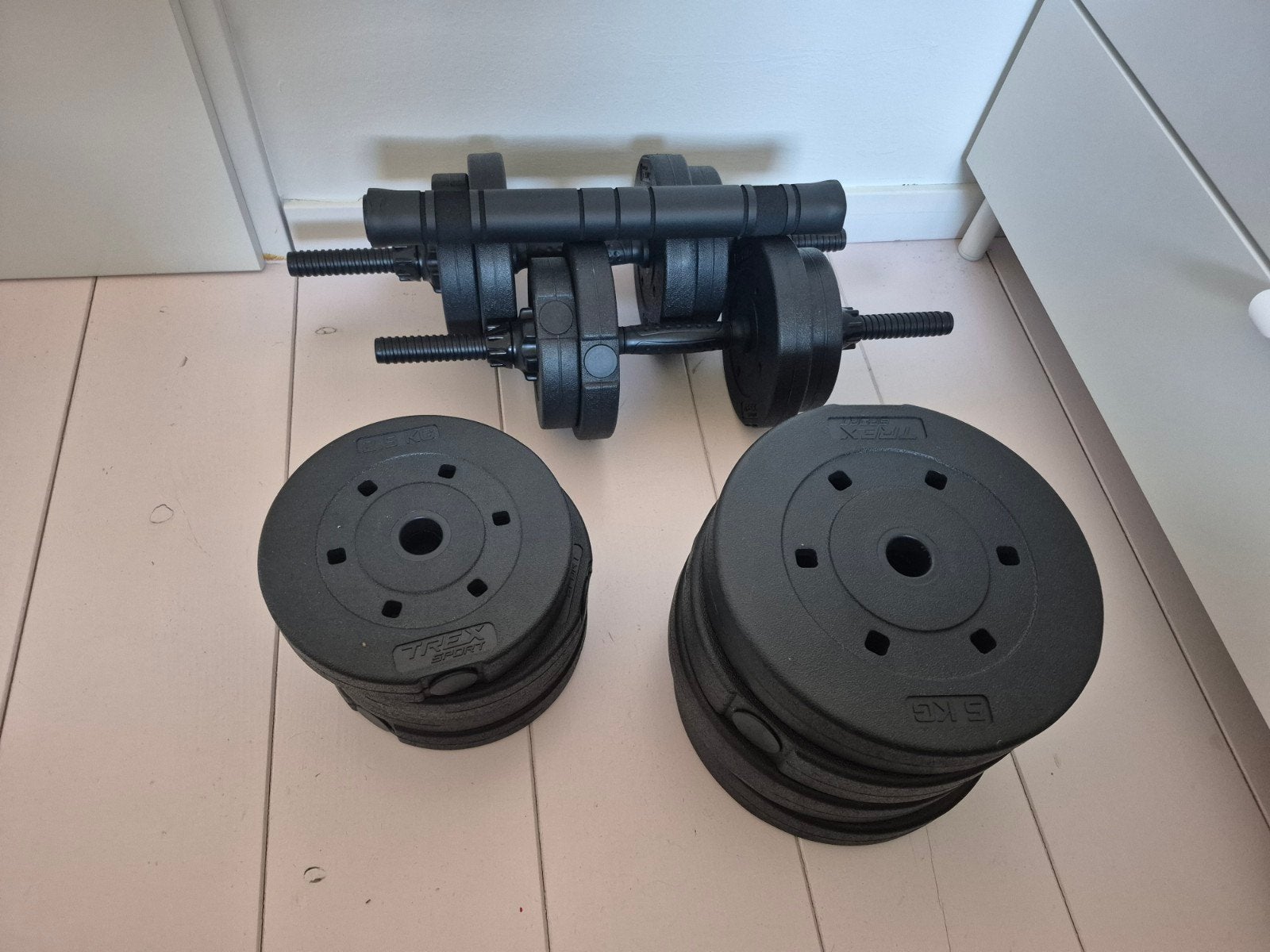 Trex Sport dumbbel set (2 x 20kg) met barbell verlenger, Ophalen, Zo goed als nieuw