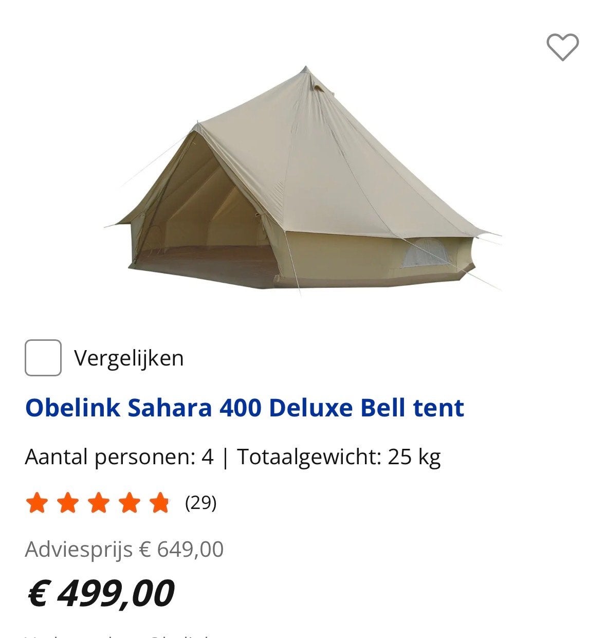 Obelink Sahara 400 Deluxe Bell tent - Zo goed als nieuw, Ophalen, Zo goed als nieuw, Tot en met 4