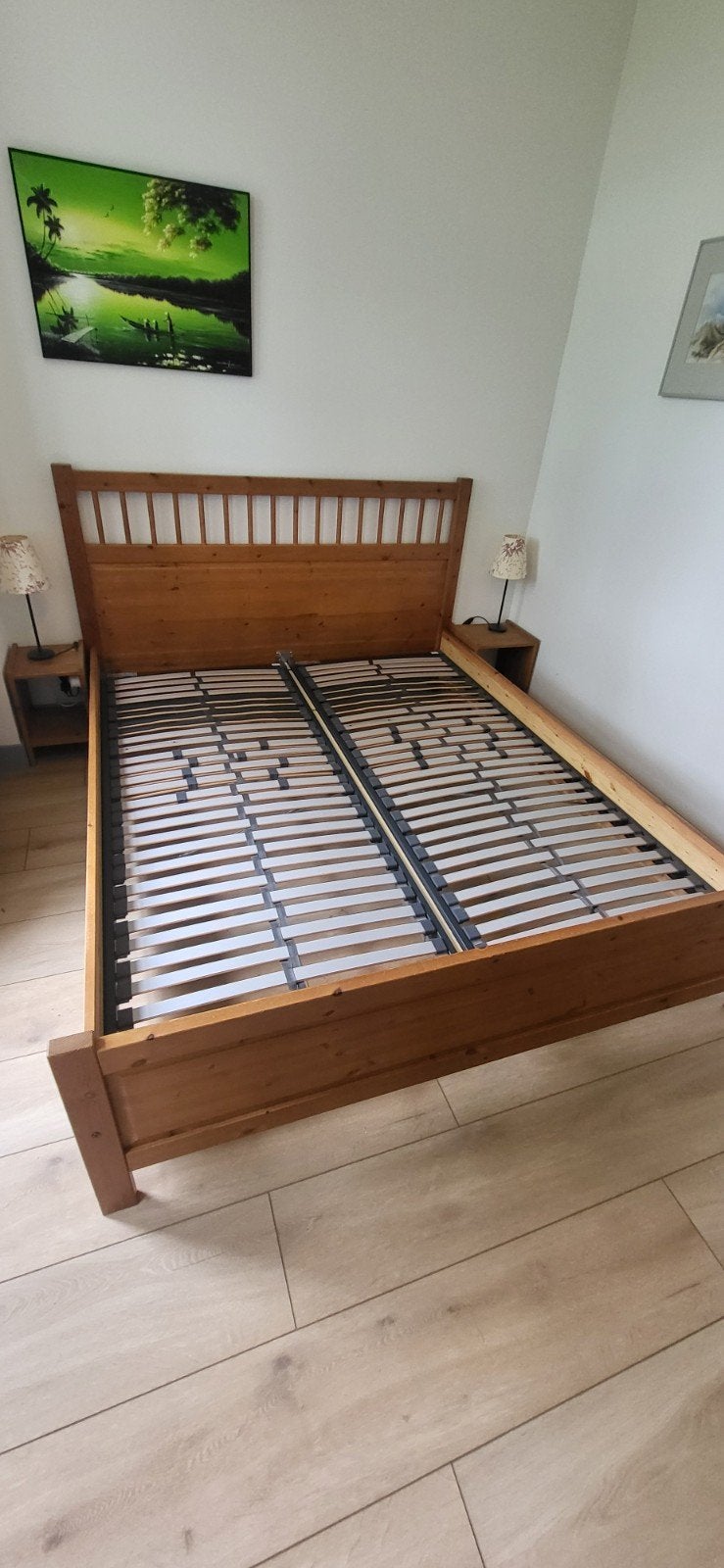 Tweepersoons bed hout (antiek beits), incl twee lattenbodems, Ophalen, Gebruikt, Bruin, Tweepersoons