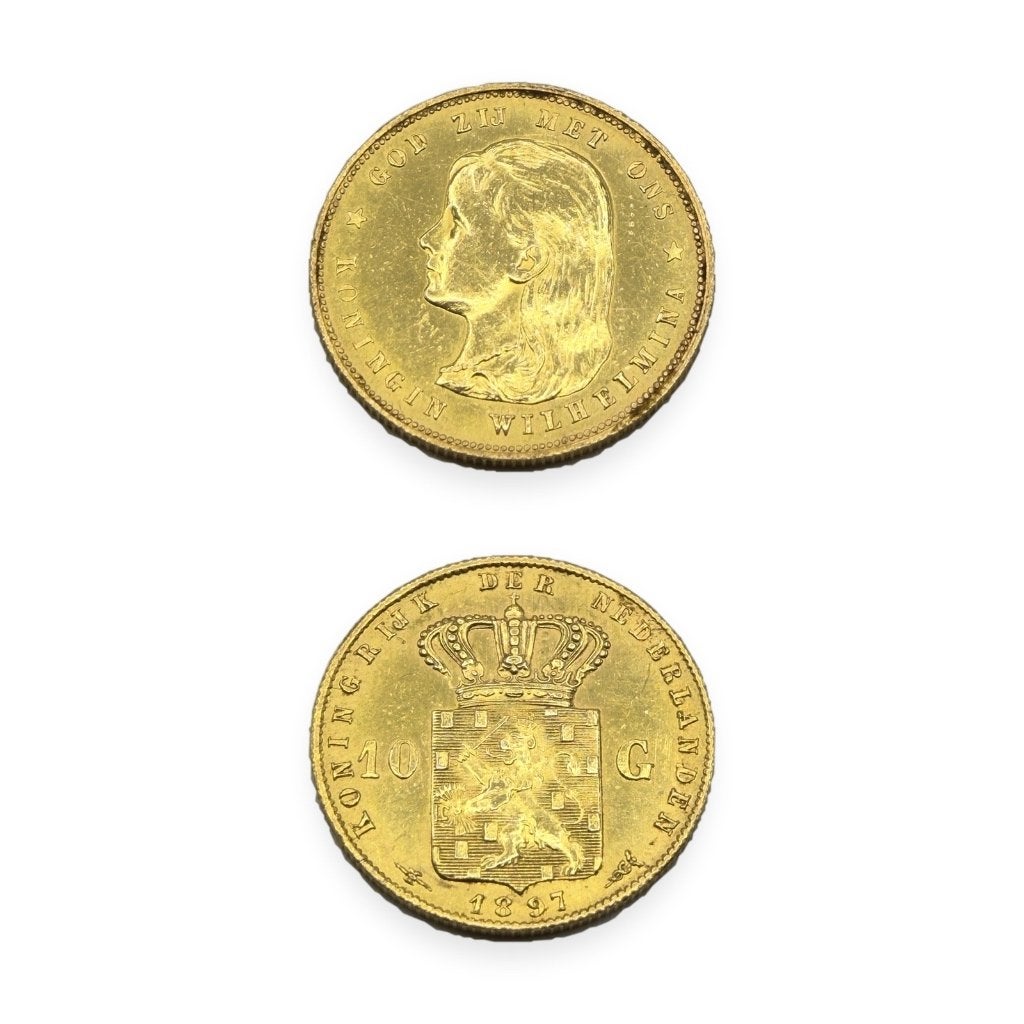 Gouden tientje 1897 Wilhelmina 10 gulden hangend haar, Koningin Wilhelmina, Losse munt, 10 gulden, Goud