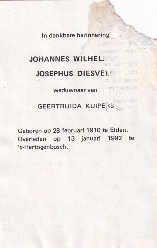 Diesveld Johannes 1910 Elden 1992 Den Bosch, Ophalen of Verzenden, Bidprentje