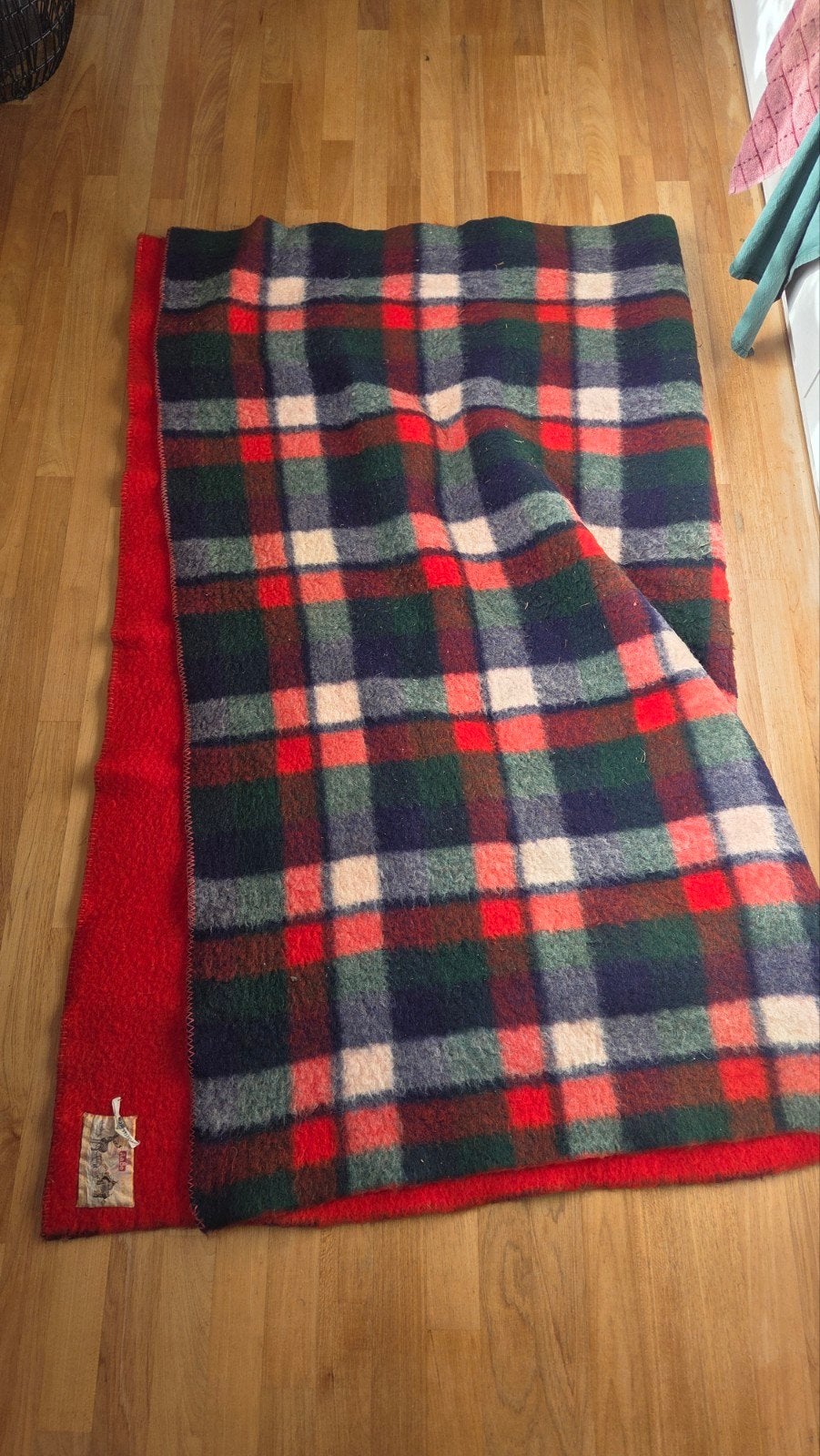 Vintage Aabe Wollen Deken - Rood met Schotse Ruit, Ophalen, Gebruikt, Wol, Plaid