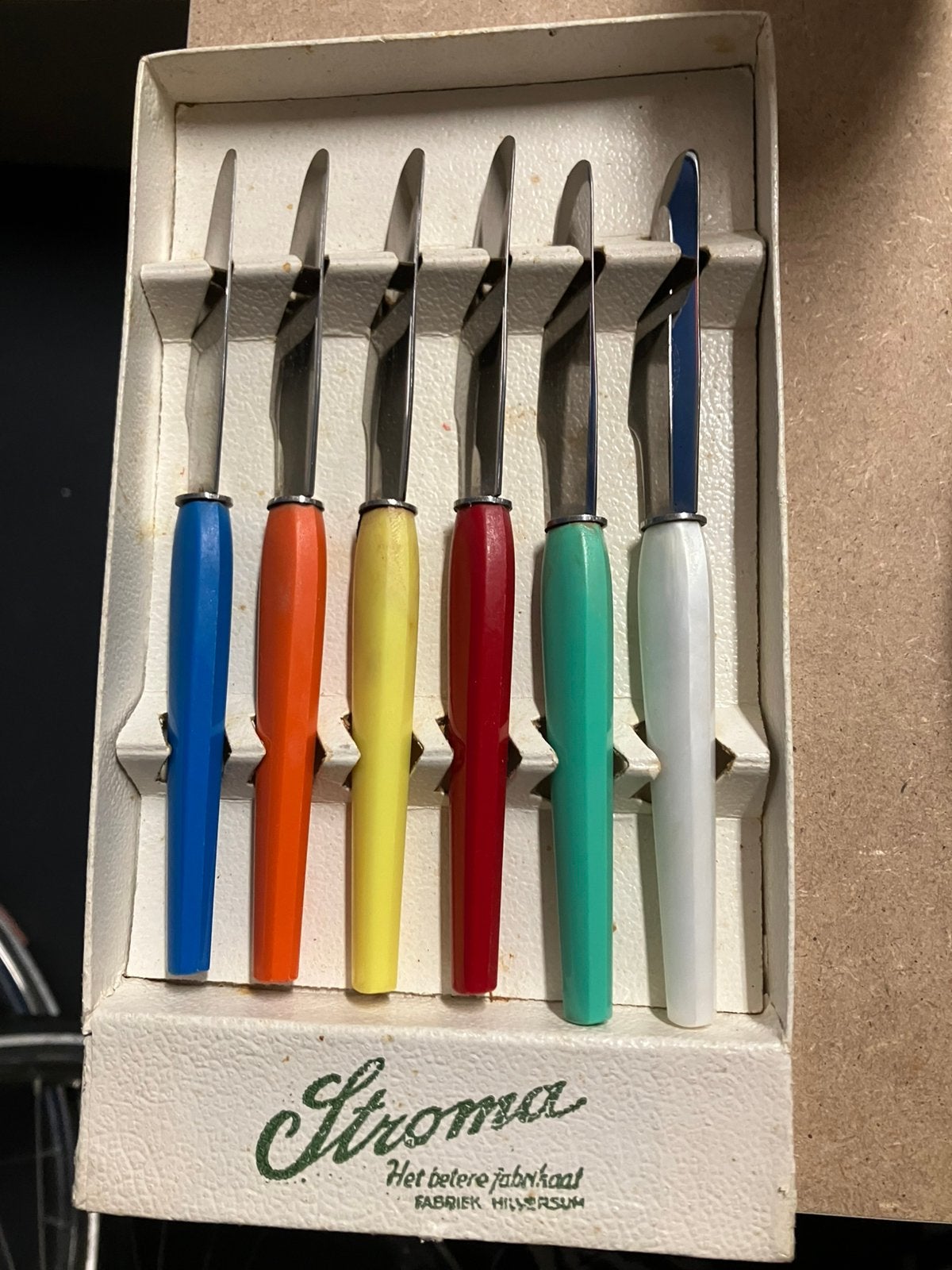 Vintage  retro 6 fruitmesjes Stroma in doosje, Ophalen of Verzenden, Zo goed als nieuw, Rvs of Chroom