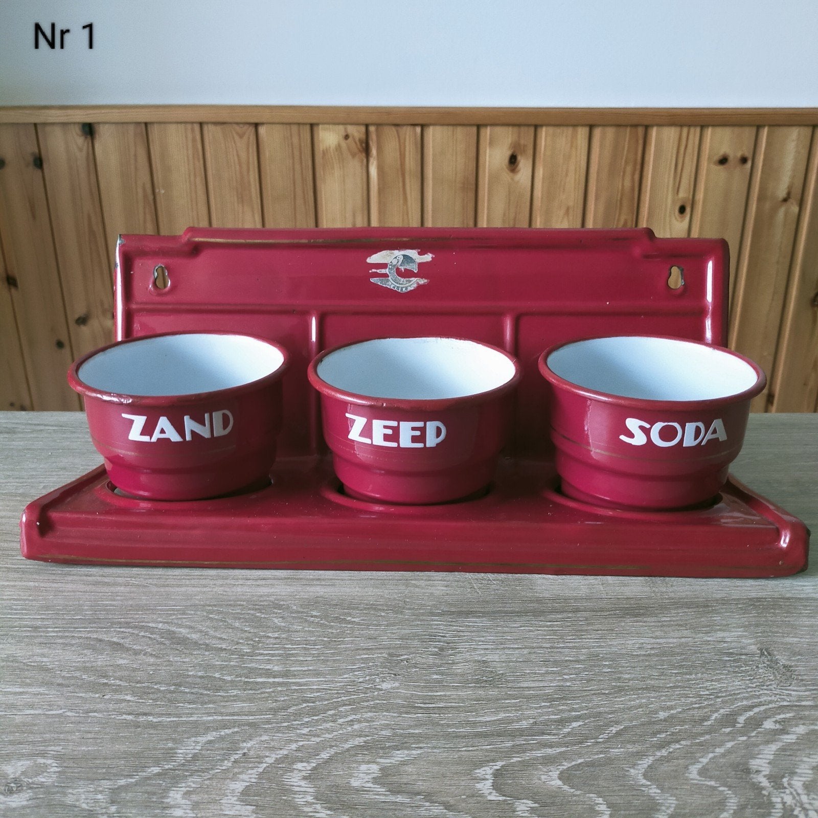 EMAILLE ROOD ZAND ZEEP EN SODA MET REKJE., Antiek en Kunst, Ophalen of Verzenden