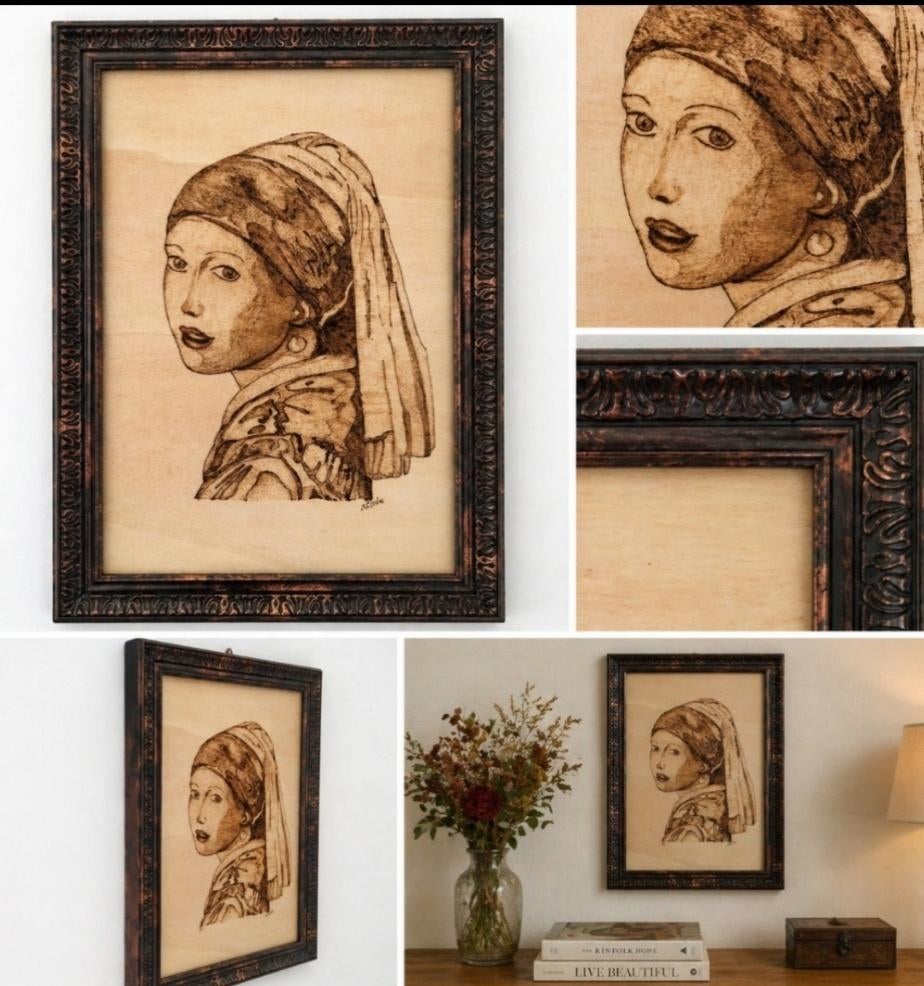 Houtbrandkunst Meisje met de parel handgemaakt Vermeer stijl, Hout, Beige, Nieuw, Ophalen of Verzenden