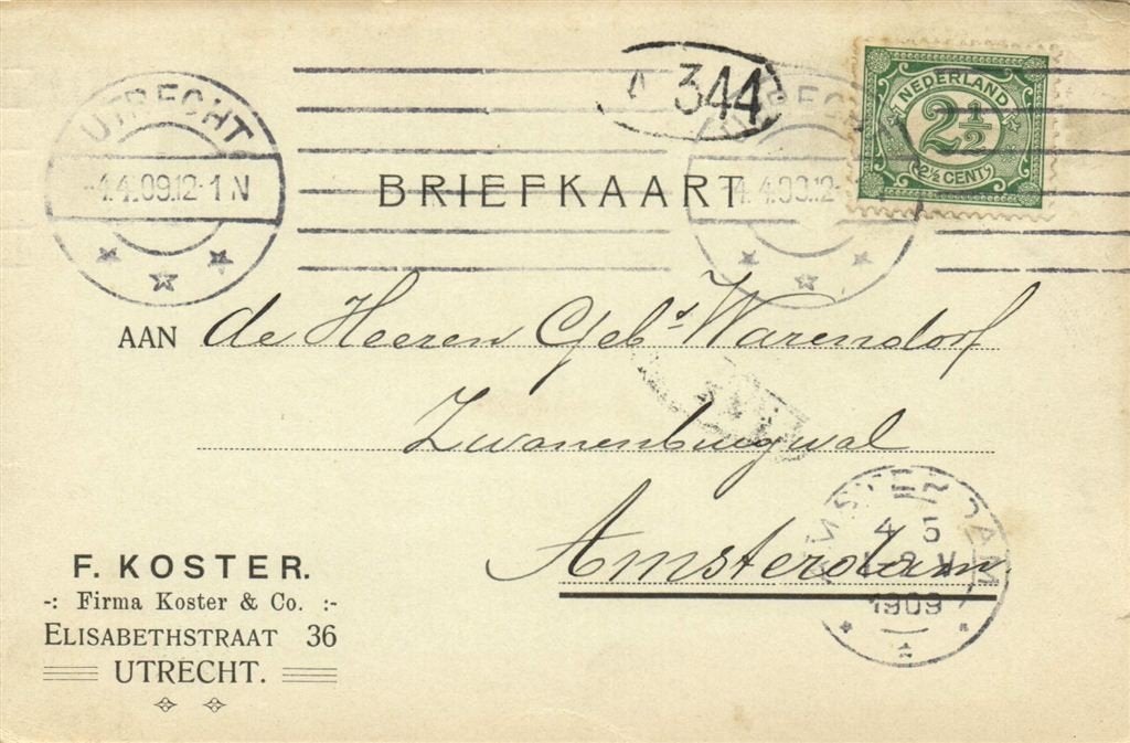 F. Koster, Utrecht - 09.1909 - briefkaart, Ophalen of Verzenden, Briefkaart