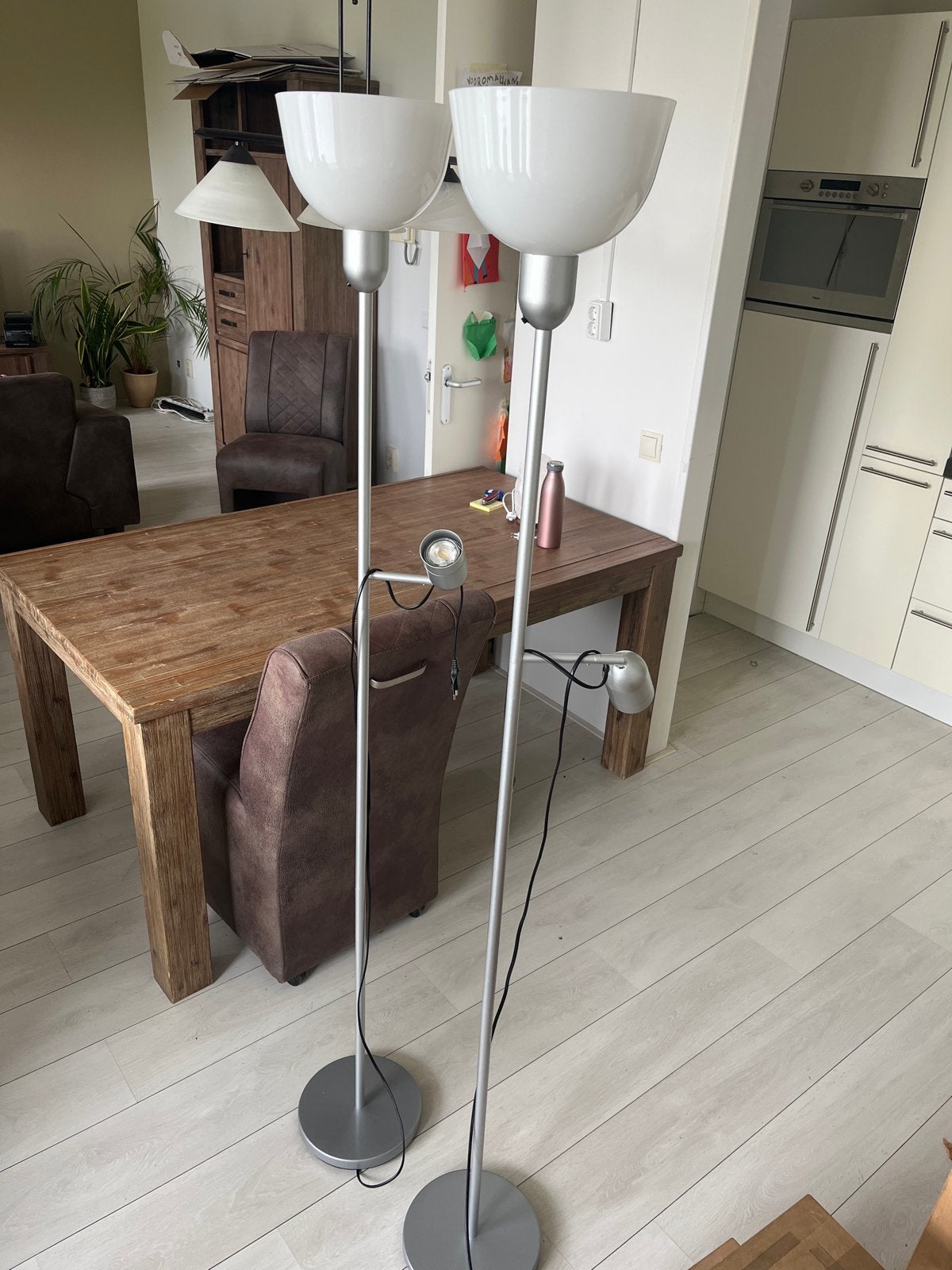 Set van 2 moderne vloerlampen met leeslamp, Ophalen, Gebruikt, E27 (groot), Metaal