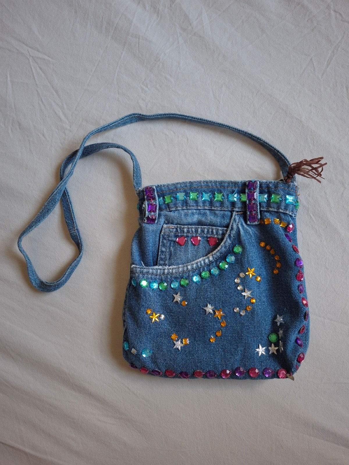 Uniek spijkerbroek tasje met bling - Handgemaakt, Ophalen of Verzenden, Gebruikt, Blauw, Schoudertasje