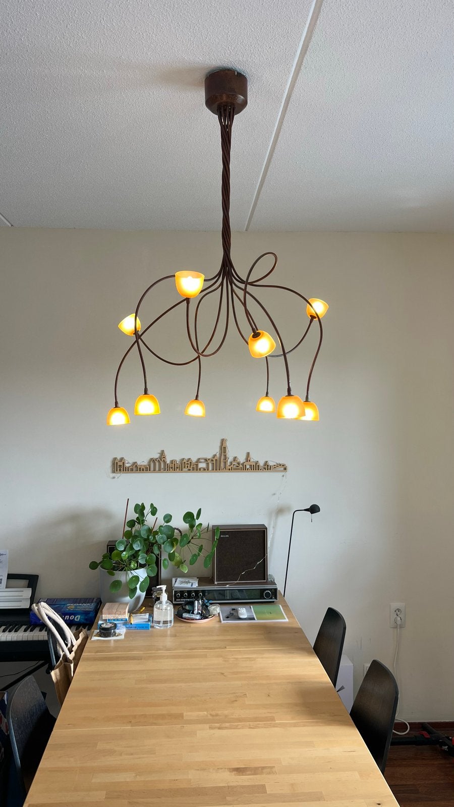 Sfeervolle hanglamp met 10 glazen kapjes en LED trafo, Ophalen, Gebruikt, Glas, G4