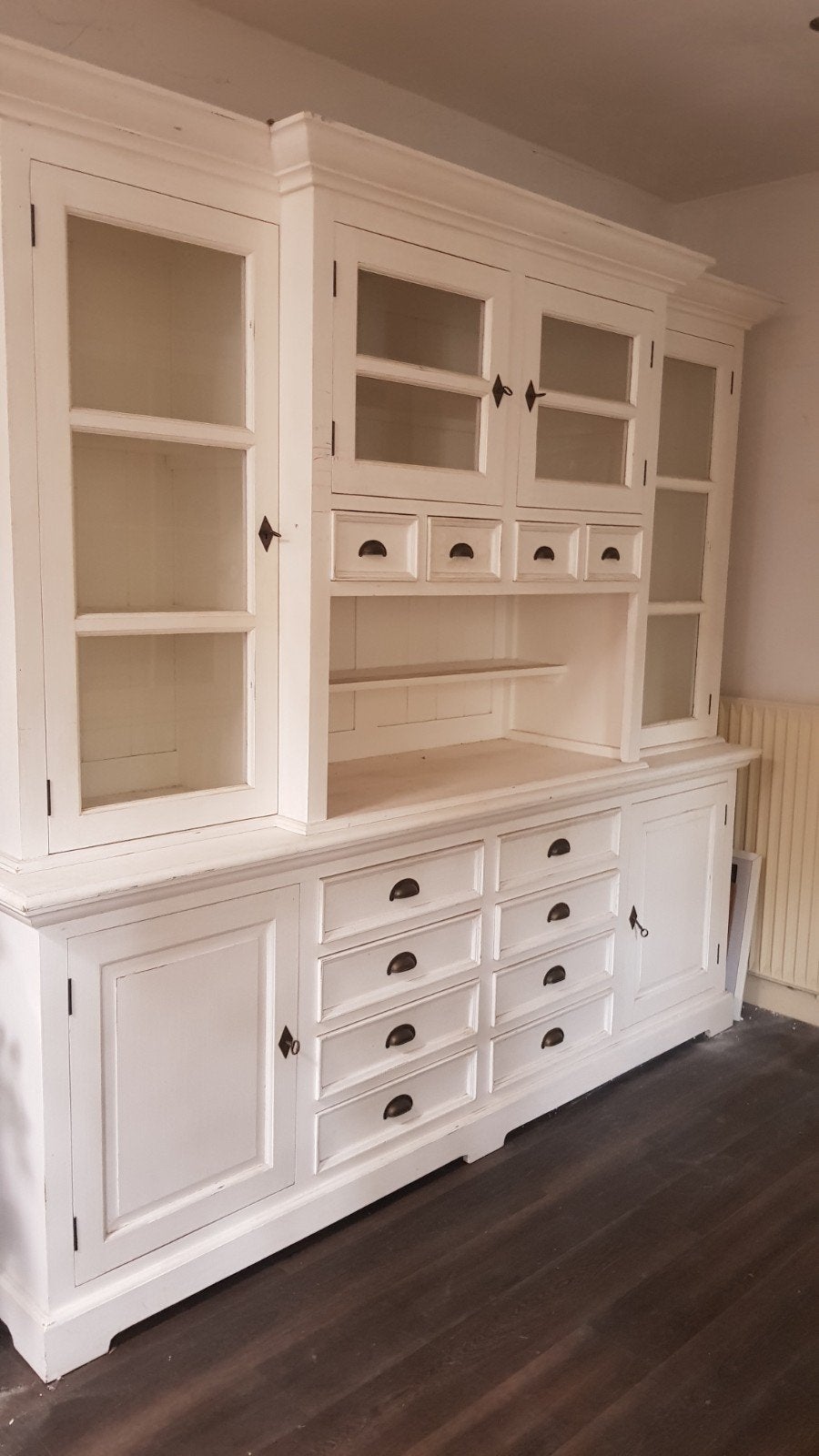 Franse vintage  buffetkast / vitrinekast, Ophalen, Gebruikt, 200 cm of meer, Met lade(s)