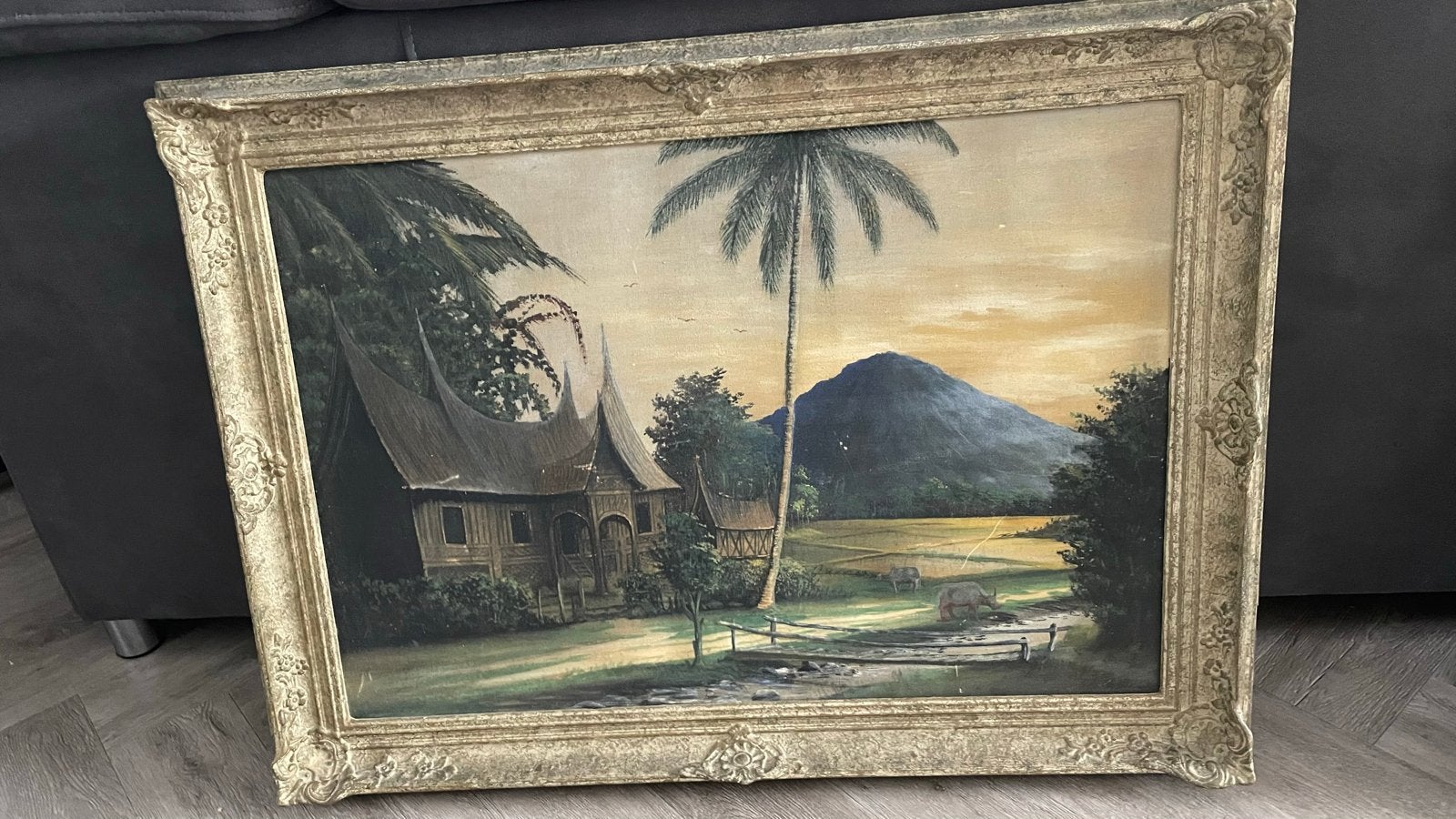 Oud schilderij met Indonesisch landschap en huis, Antiek en Kunst, Ophalen