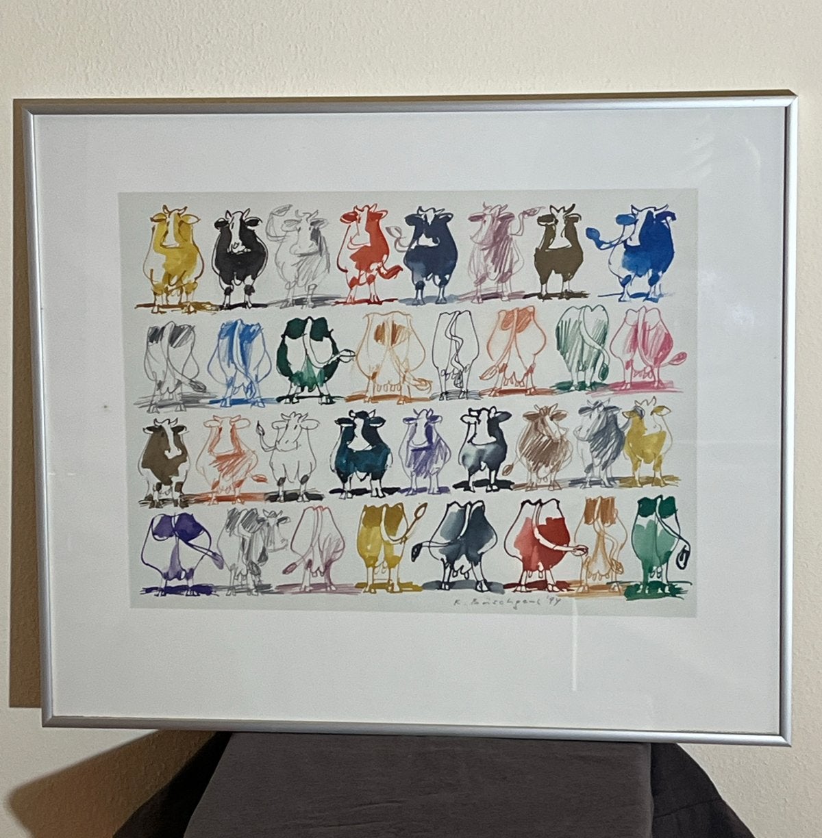 Kleurrijke Koeien Print - Gesigneerd K. Büschgens, Antiek en Kunst, Ophalen of Verzenden, Print, Print/reproductie, Achter glas