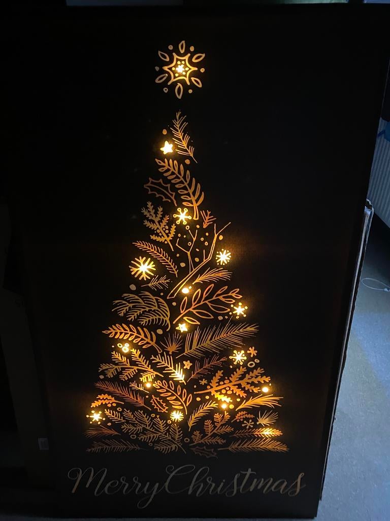 Canvas schilderij kerstboom/merry Christmas,70x120,verlicht, Ophalen