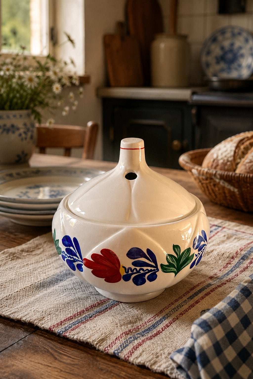 Charmante vintage boerenbont knoflookpot, Div, Ophalen of Verzenden, Zo goed als nieuw, Bord(en)