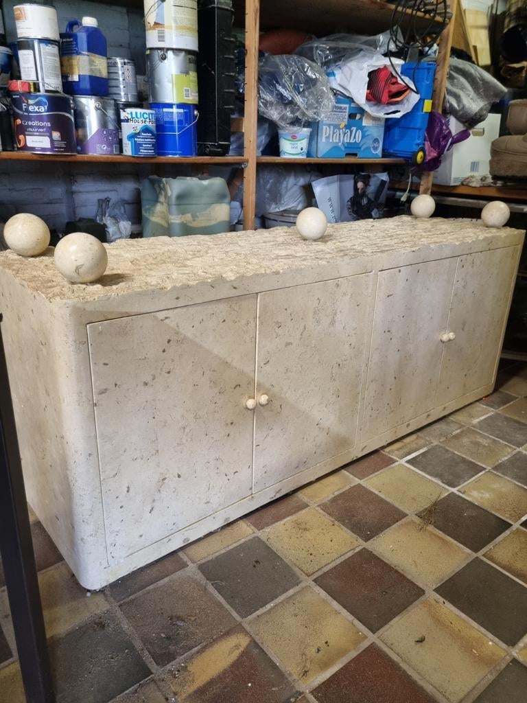 Uniek Dressoir van Fossiele Gesteente met Glasplaat, Gebruikt, 150 tot 200 cm, Modern, Natuurlijk, Luxe, Ophalen of Verzenden